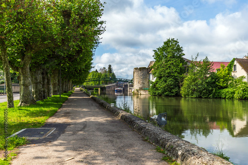 A peaceful tree-lined pathway along the canal in Montargis, France, leading to a historic bridge