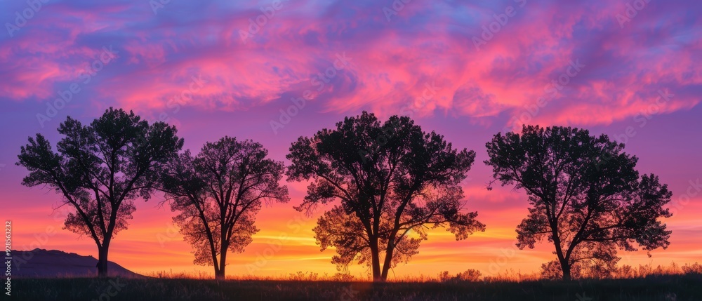 Vibrant Twilight Harmony: Silhouetted Trees in Colorful Sunset Sky Vibrant Twilight Harmony: Silhouetted Trees in Colorful Sunset Sky