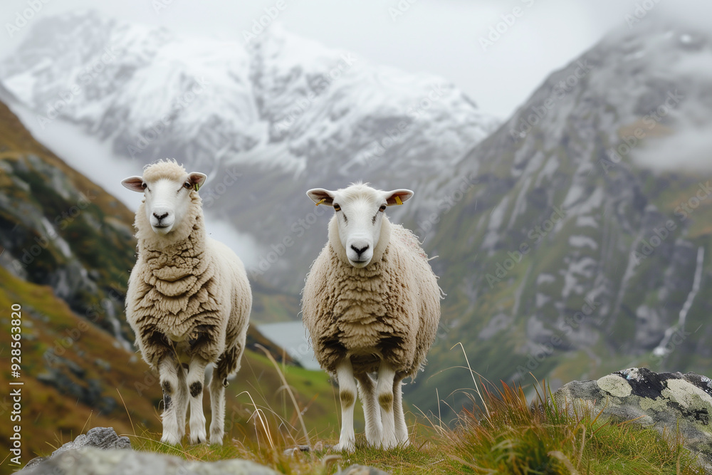 Fototapeta premium Sheep on the background of the mountains. Animals in the mountains