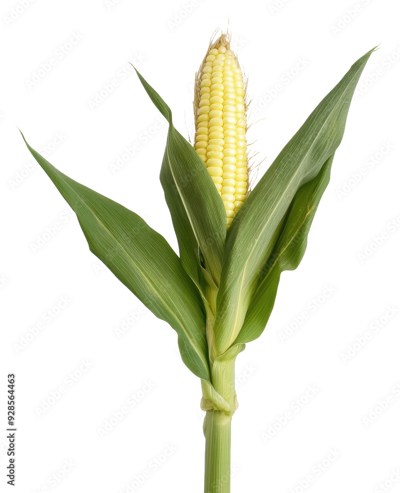 Fresh corn on the cob with green leaves, cut out - stock png. Fresh corn on the cob with green leaves, cut out - stock png.
