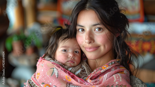 Mother and Baby in Colorful Traditional Clothing Sharing a Warm Embrace Indoors