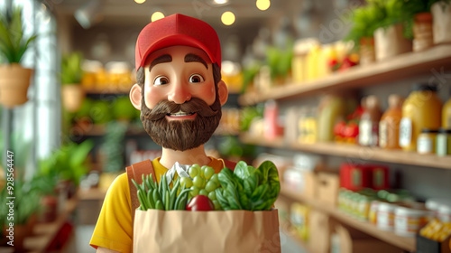 Animated delivery man with a beard and red cap holding a grocery bag filled with fresh vegetables in a bright supermarket setting. photo