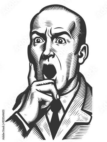 man with a shocked expression, capturing a dramatic moment in classic comic art sketch engraving generative ai fictional character vector illustration. Scratch board imitation. Black and white image.