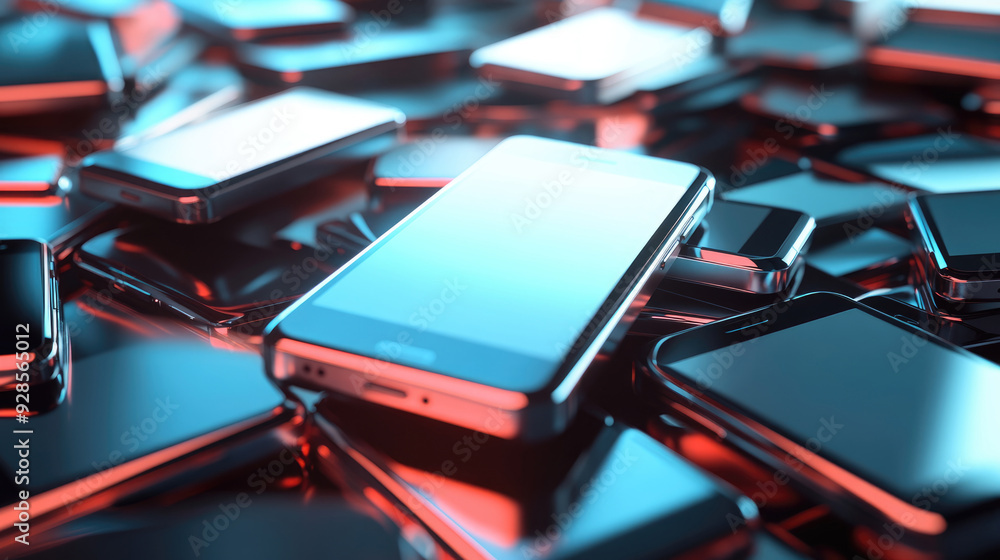 A pile of cell phones, The scene is full of vitality with strong lighting effects A pile of cell phones, The scene is full of vitality with strong lighting effects