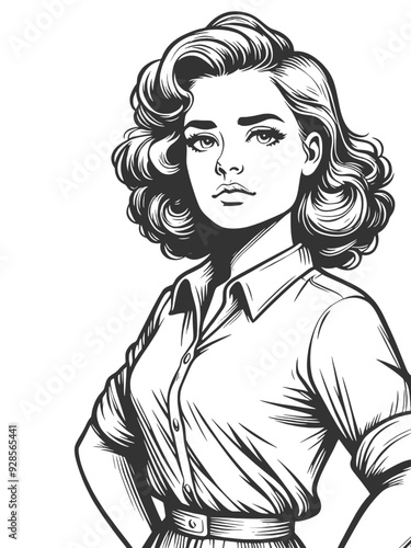 determined woman with wavy hair, standing confidently with her hands on her hips, sketch engraving generative ai fictional character vector illustration. Scratch board imitation. Black and white image