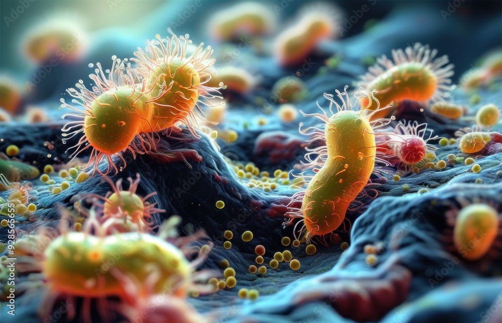 Obraz premium Close-up view of small yellow and red bacteria.