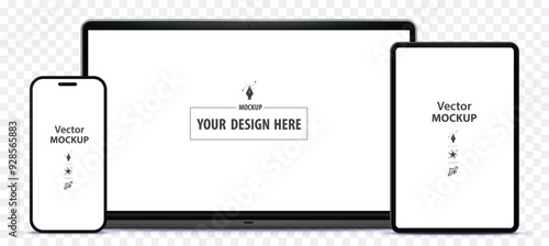 Tablet PC, Mobile Phone and Laptop Computer Mockup. Digital devices screen vector illustration  template on transparent background. Easy editable vector file.