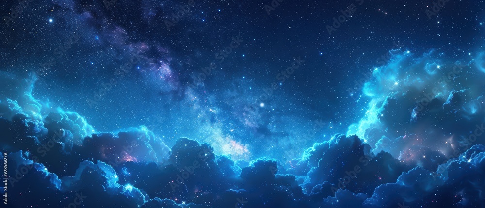 Obraz premium Cosmic Serenity: Night Sky with Milky Way and Gentle Clouds, Perfect for Space-themed Projects
