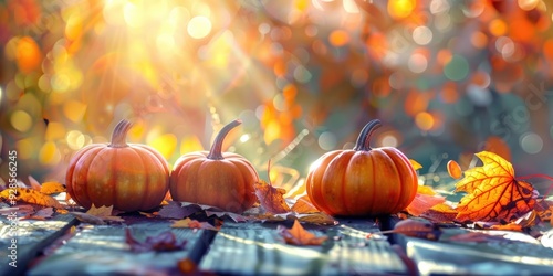 A group of pumpkins sitting on a wooden table, great for fall decorations or Halloween themes photo