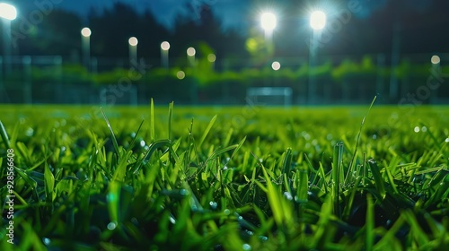 Close-Up of Green Grass on a Soccer Field at Night photo