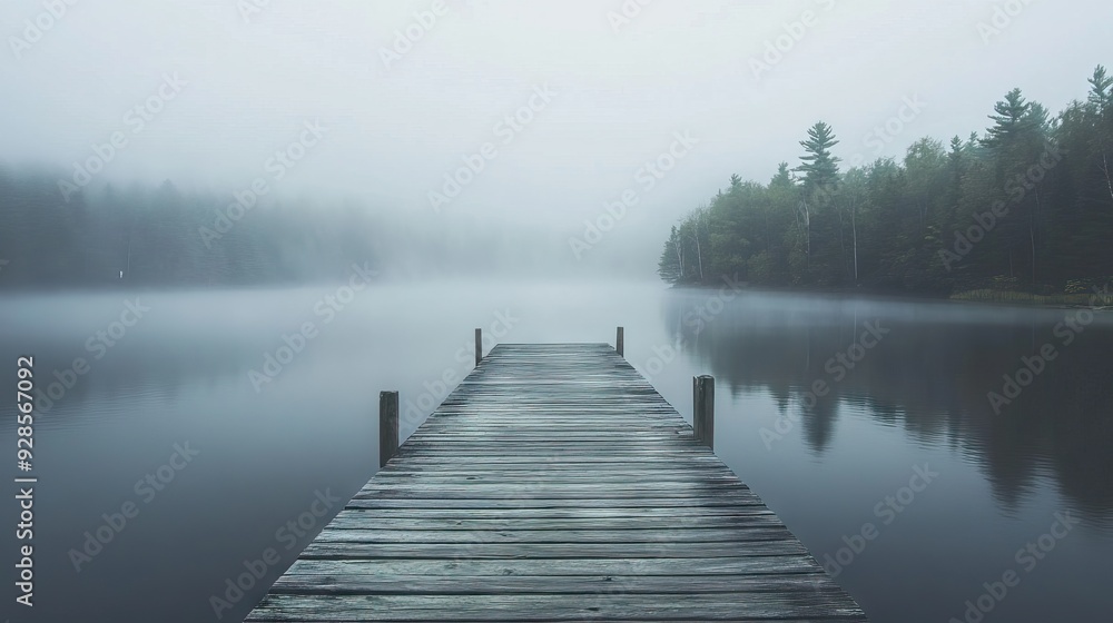 Weathered Wooden Pier Extending into a Foggy Lake with Calm Waters and Dense Forest Barely Visible in the Distance. AI generated illustration Weathered Wooden Pier Extending into a Foggy Lake with Calm Waters and Dense Forest Barely Visible in the Distance. AI generated illustration