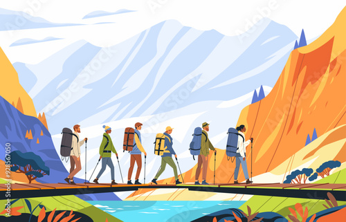 Hikers crossing wooden bridge in mountainous landscape with backpacks colorful scenery outdoor adventure nature exploration