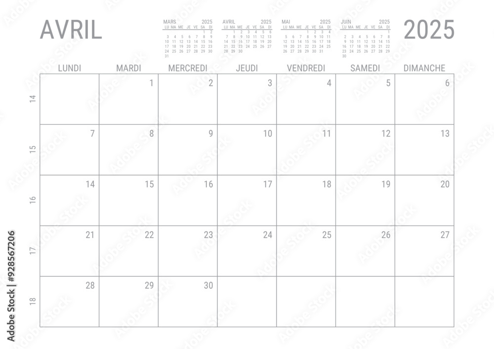 Calendrier Avril 2025 Mensual Planificateur avec Numero de Semaine à imprimer A4 Calendrier Avril 2025 Mensual Planificateur avec Numero de Semaine à imprimer A4