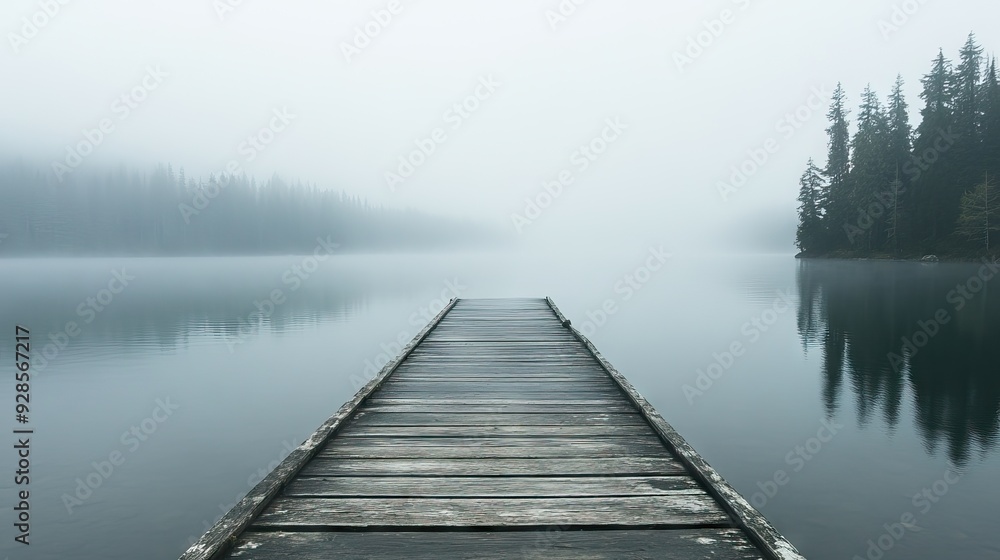 Weathered Wooden Pier Extending into a Foggy Lake with Calm Waters and Dense Forest Barely Visible in the Distance. AI generated illustration Weathered Wooden Pier Extending into a Foggy Lake with Calm Waters and Dense Forest Barely Visible in the Distance. AI generated illustration