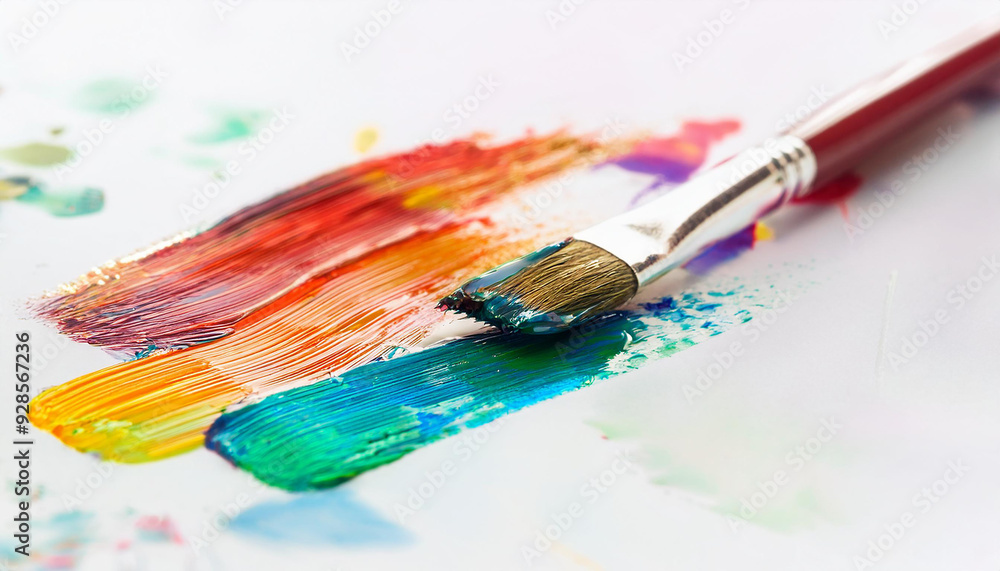 Fototapeta premium Paintbrushes and vibrant strokes on white background. Colorful image. Hand drawing.