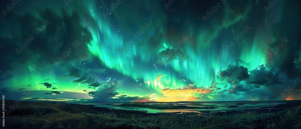 Obraz premium Ethereal Night Sky Dance: Northern Lights and Clouds Creating Magic in Nature's Embrace