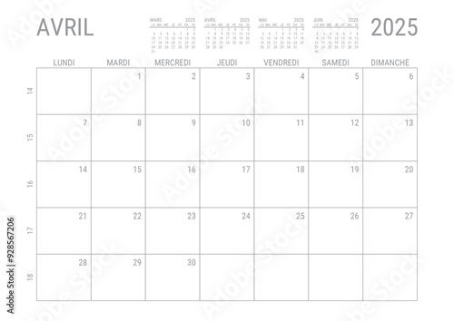 Calendrier Avril 2025 Mensual Planificateur avec Numero de Semaine à imprimer A4	