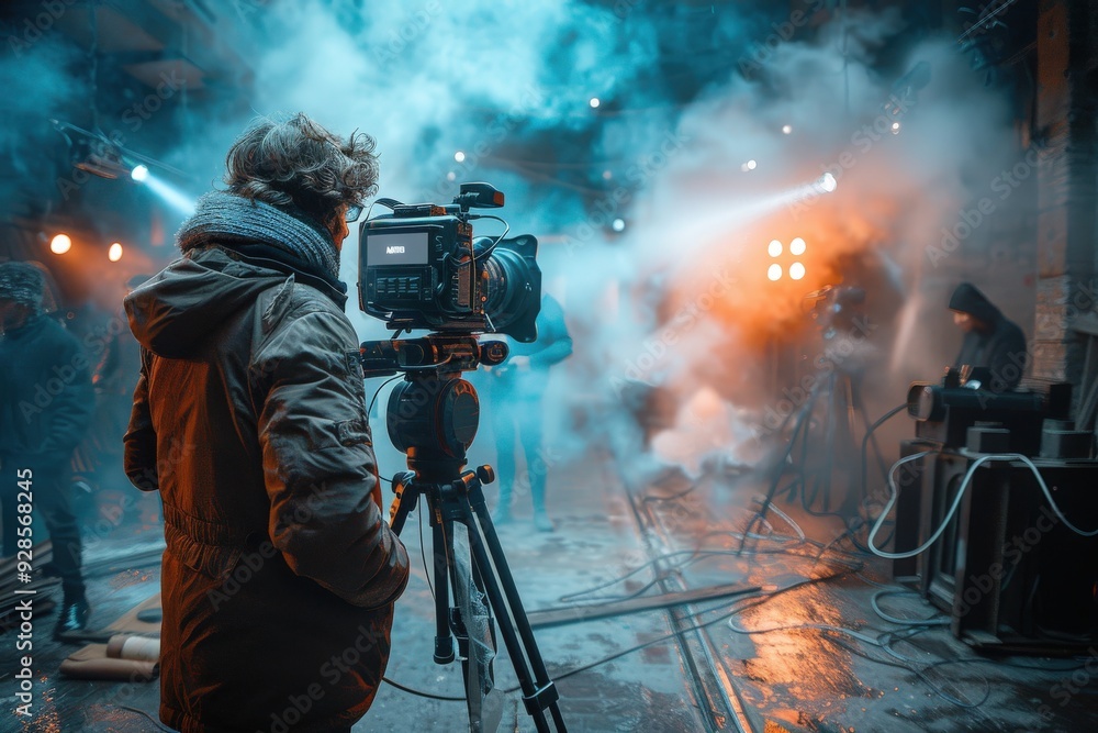 Fototapeta premium A film director operates a camera in a vibrant, steamy studio filled with mist, orange and blue lights, capturing the essence of creativity and dedication to filmmaking.