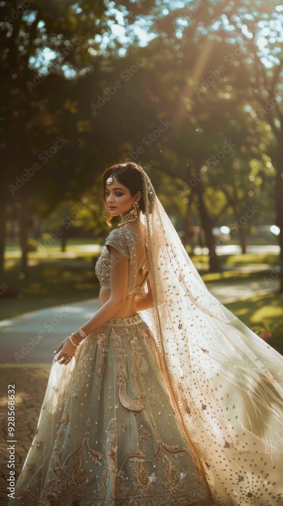 A stunning Indian bride in a pastel lehenga walks gracefully through a tranquil garden, her veil catching the soft evening light A stunning Indian bride in a pastel lehenga walks gracefully through a tranquil garden, her veil catching the soft evening light