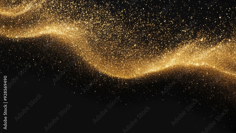 Obraz premium Shimmering gold particles flowing in a wave pattern on a dark backdrop