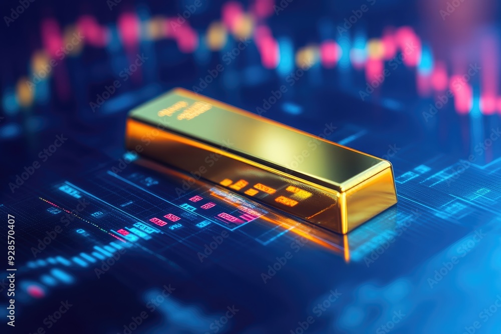 Gold Bullion on News Background with Financial Indicators Gold Bullion on News Background with Financial Indicators