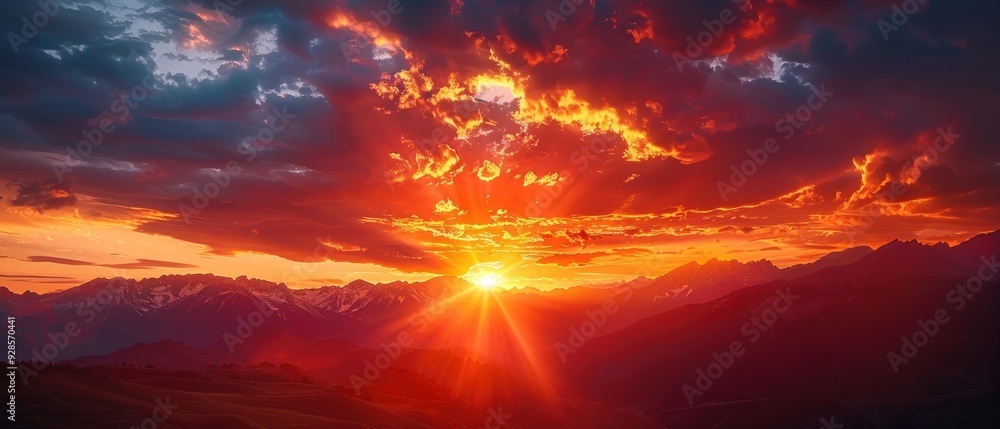 Fototapeta premium Majestic Fiery Sunset Over Silhouetted Mountains - High- Image of Breathtaking Nature Landscape at Dusk
