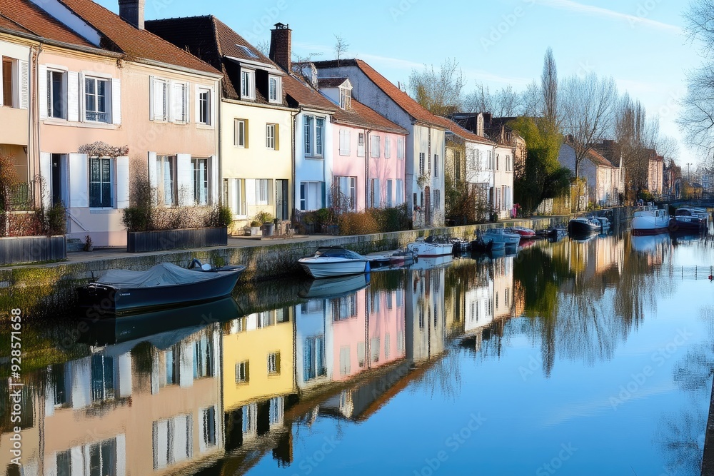 Obraz premium Colorful Waterfront Townhouses with Boats and Water Reflections