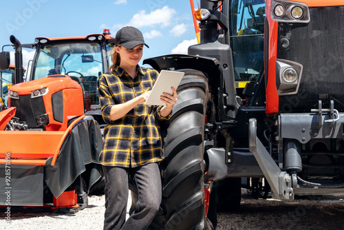 Obraz na plátně Female sales representative at a dealership for construction and agricultural machinery stands next to a tractor and using digital tablet
