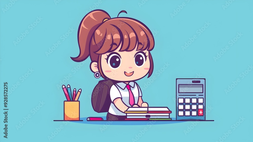 Chibi accountant girl on blue background, books and calculator in front with copy space or text space Chibi accountant girl on blue background, books and calculator in front with copy space or text space