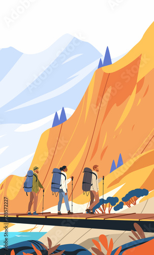 Hikers crossing bridge mountain landscape outdoor adventure nature vibrant colors