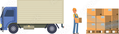 Shipping truck loading. Worker carry cardboard box