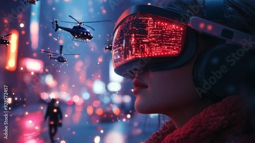 A woman wearing a VR headset immerses herself in a high-tech world with flying helicopters amidst colorful city lights.