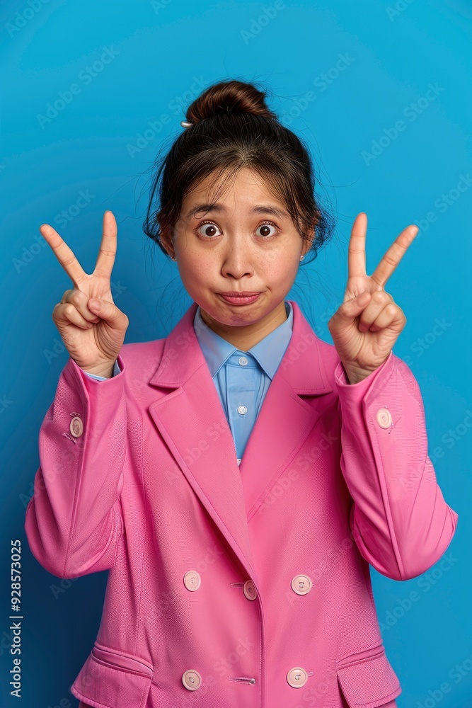 A Young Business Chinese Woman Wearing A Pink Suit, Indicating With Both Forefingers Up, Showing Blank Space A Young Business Chinese Woman Wearing A Pink Suit, Indicating With Both Forefingers Up, Showing Blank Space