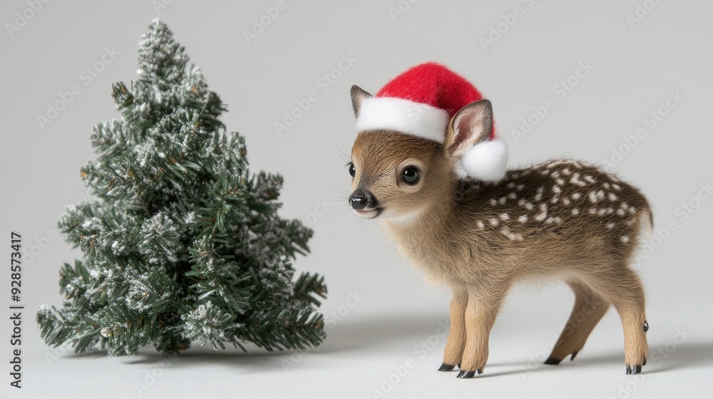 A baby deer is wearing a Christmas hat next to a small decorated tree, adding a cheerful touch to the festive atmosphere A baby deer is wearing a Christmas hat next to a small decorated tree, adding a cheerful touch to the festive atmosphere