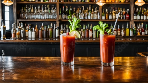 Bloody Mary Cocktail. Bloody or virgin mary cocktail served in a cup with celery sticks and cherry tomatoes.