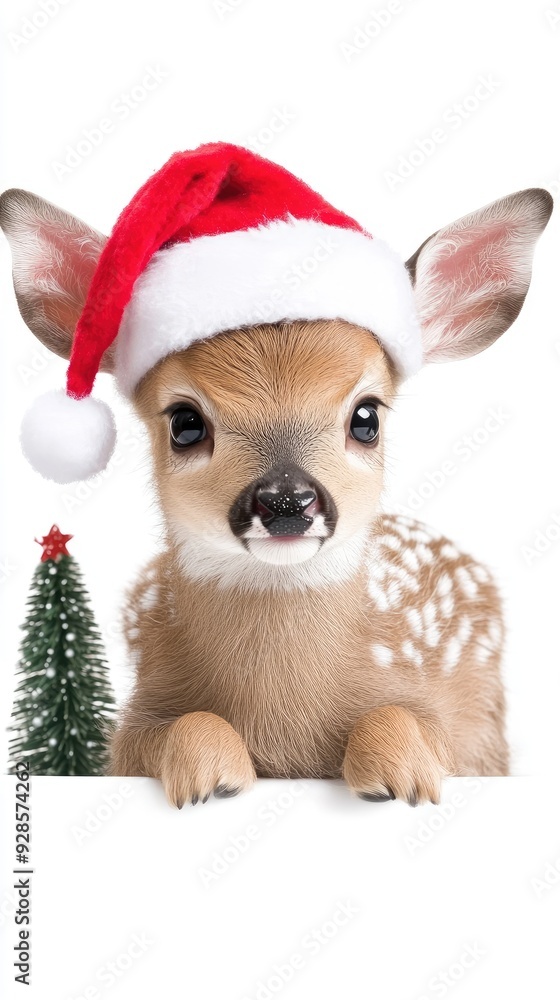 A baby deer is wearing a Christmas hat next to a small decorated tree, adding a cheerful touch to the festive atmosphere. A baby deer is wearing a Christmas hat next to a small decorated tree, adding a cheerful touch to the festive atmosphere.