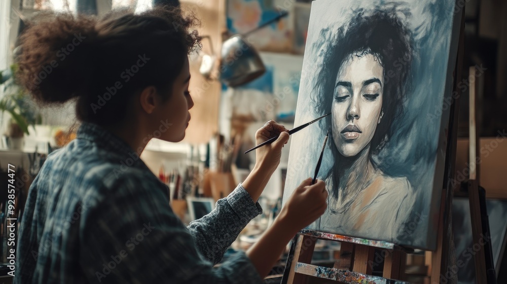 Fine Art Painter Enhancing Portrait with Studio Backdrop Fine Art Painter Enhancing Portrait with Studio Backdrop