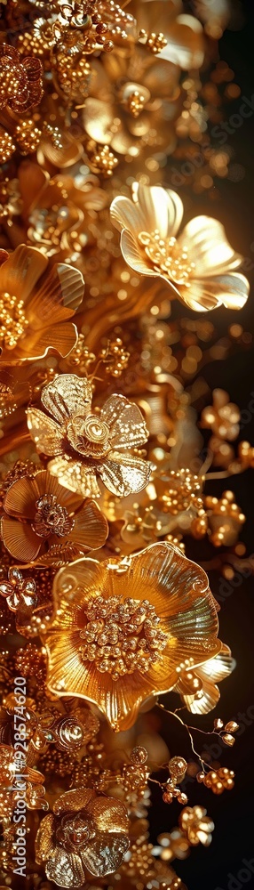 A stunning close-up of golden floral decorations, intricately designed with shimmering petals and delicate details, exuding opulence and elegance. A stunning close-up of golden floral decorations, intricately designed with shimmering petals and delicate details, exuding opulence and elegance.