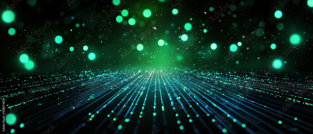 Abstract technology background with glowing green and blue lights, representing data network and digital communication Abstract technology background with glowing green and blue lights, representing data network and digital communication