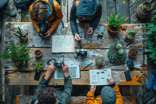 A group of friends are gathered around a rustic wooden table outdoors, planning their adventure with maps and cameras, surrounded by greenery and a sense of excitement. photo