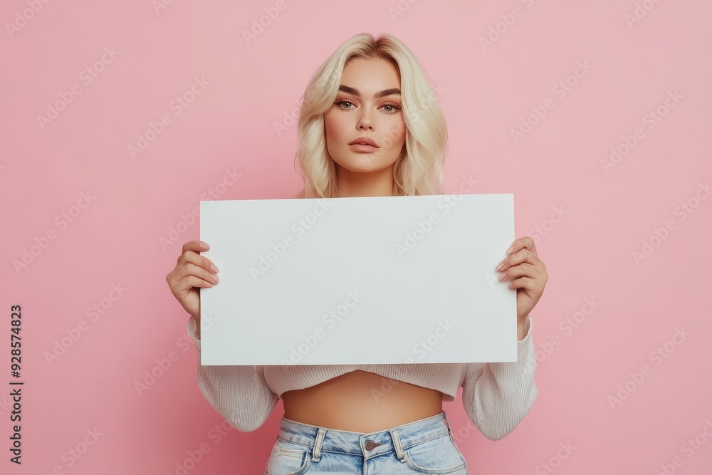 Blond Plus-Size Woman Holding White Sign Mockup Against Pink Background - Versatile Design for Posters and Cards. Blond Plus-Size Woman Holding White Sign Mockup Against Pink Background - Versatile Design for Posters and Cards.
