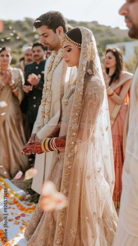Fototapeta premium The couple stands together, exchanging vows while family members celebrate around them, adorned in traditional attire