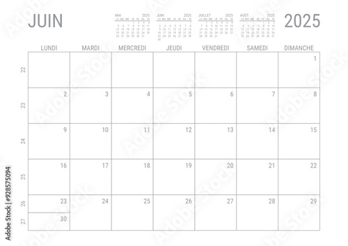 Calendrier Juin 2025 Mensuel Planificateur avec Numero de Semaine à imprimer A4	