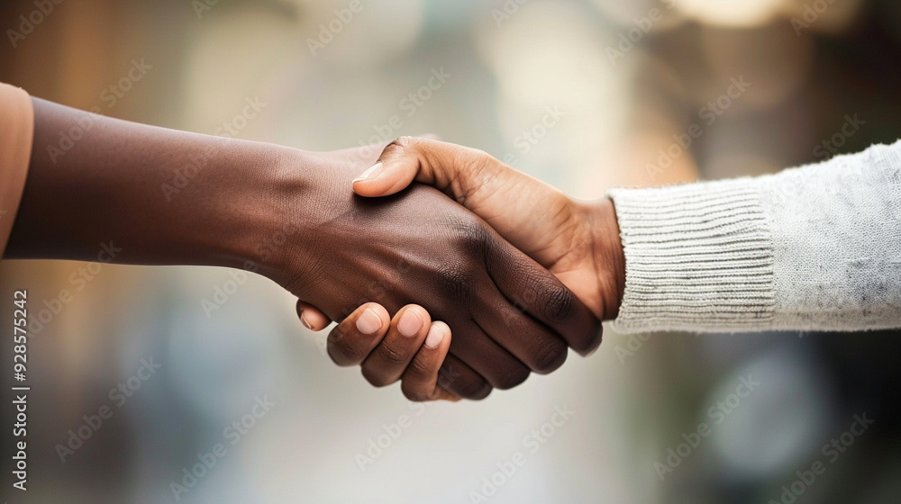 Detailed view of a handshake between two people, symbolizing agreement or partnership Detailed view of a handshake between two people, symbolizing agreement or partnership