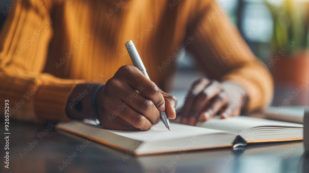 Detailed view of a person writing in a journal, with the pen touching the paper Detailed view of a person writing in a journal, with the pen touching the paper