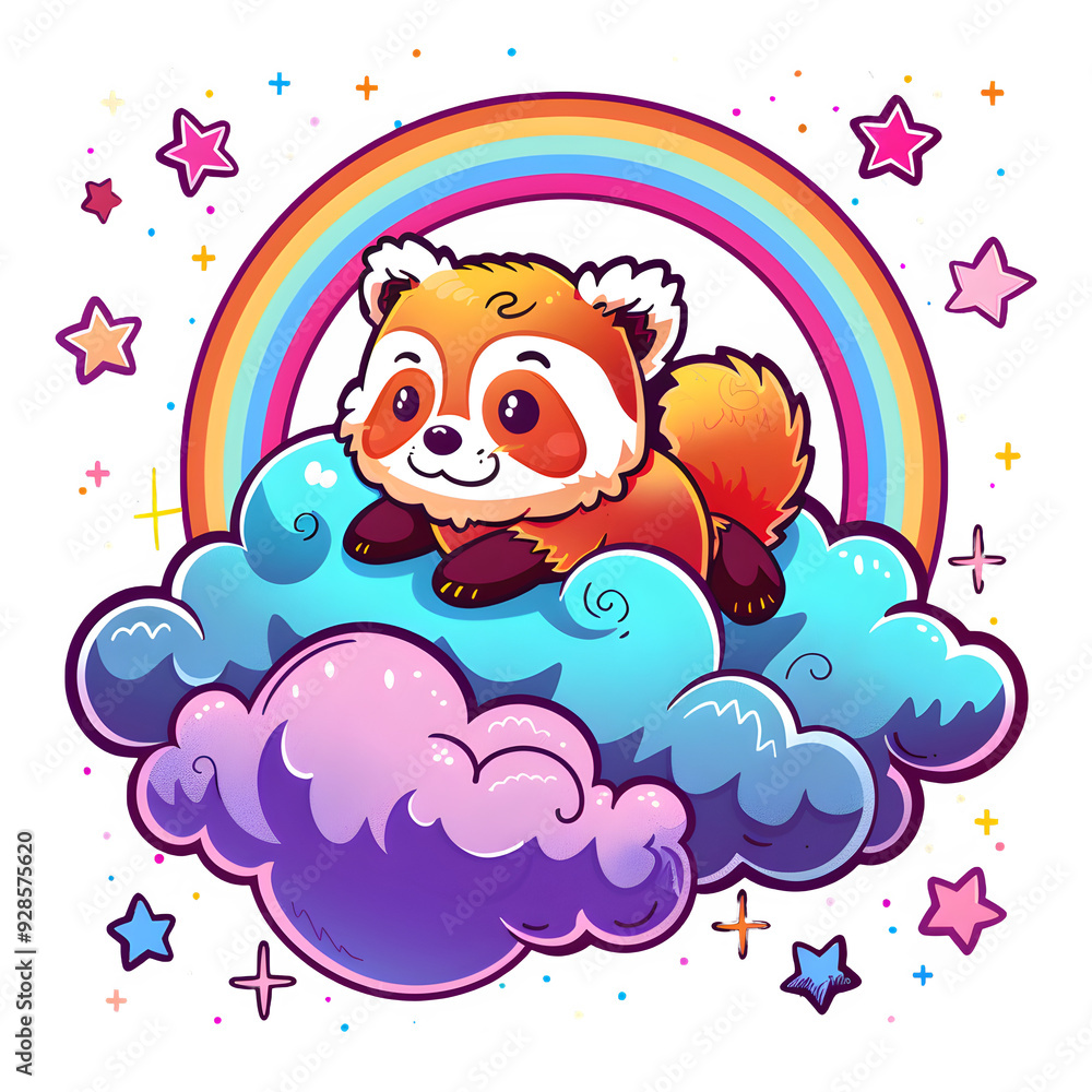 Adorable red panda cartoon resting on soft clouds, with a bright rainbow and colorful stars all around, making a magical and happy setting Adorable red panda cartoon resting on soft clouds, with a bright rainbow and colorful stars all around, making a magical and happy setting