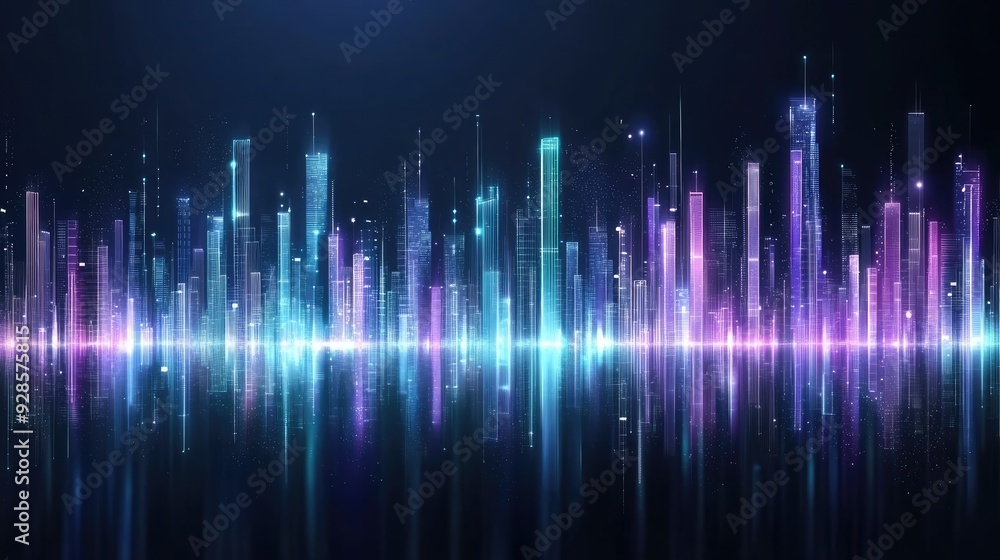 The artwork depicts an abstract city skyline illuminated by glowing lines and dots, incorporating elements of a digital equalizer in blue and red hues The artwork depicts an abstract city skyline illuminated by glowing lines and dots, incorporating elements of a digital equalizer in blue and red hues