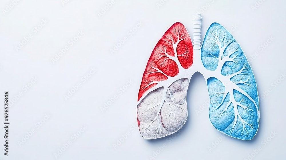 A cross-sectional view of damaged lung tissue contrasted with healthy lung, symbolizing the effects of COPD, COPD damage, medical education A cross-sectional view of damaged lung tissue contrasted with healthy lung, symbolizing the effects of COPD, COPD damage, medical education