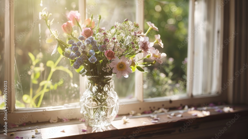 Fototapeta premium A close-up of a crystal vase filled with fresh flowers, placed on a windowsill with light streaming through