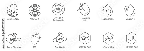 Sensitive Skin, Vitamin C, Omega-3 Fatty Acids, Hyaluronic Acid, Niacinamide, Vitamin E, Face Cleanser, SPF, Zinc Oxide, Salicylic Acid, Ceramides, and Glycolic Acid Vector Illustration Icon Set